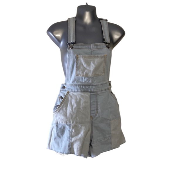 Hollister Pants - Hollister Light Blue Patchwork Denim Short Overalls